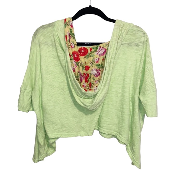 Vintage Free People Lime Green Floral Crop Short Sleeve Slouchy Hoodie Small - Picture 2 of 11